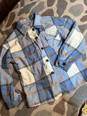 SHEIN Blue White and Brown Plaid Button-Up Shacket